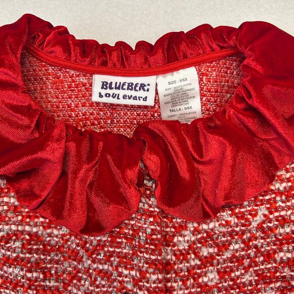 Blueberi Boulevard Tweed Coat Girl 6 Red White Silver Velour Trim Jacket Holiday - Picture 2 of 11